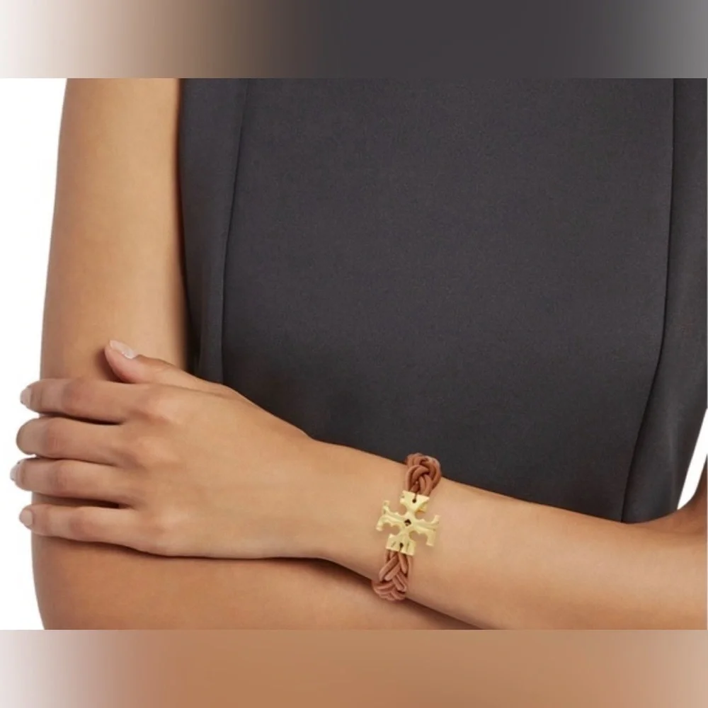 🆕Tory Burch Authentic Miller Fisherman 18KGold-Plated & Braided Leather Bracelet
